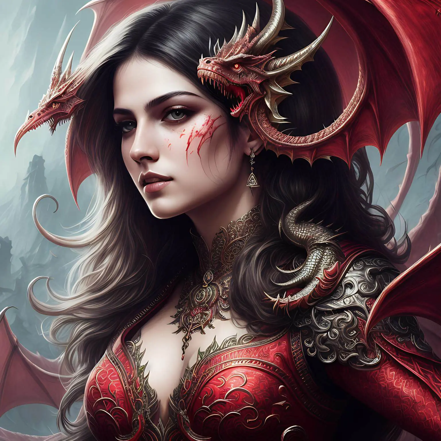 a game character enchantress wearing red clothes and horns created by Fotor ai image generator