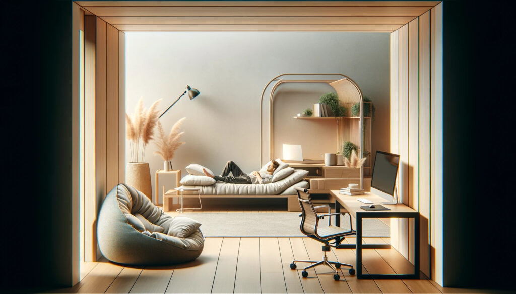 DALL·E 2023 11 18 22.08.59 A panoramic view of a modern and tranquil workspace for a digital nomad featuring a comfortable nap area with a digital nomad taking a nap. The works