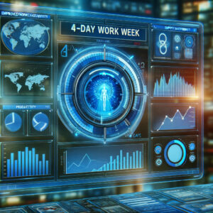 DALL·E 2023 11 23 16.31.29 A digital artwork of a futuristic AI powered dashboard displaying analytics and metrics relevant to a 4 day work week. The dashboard shows graphs ch