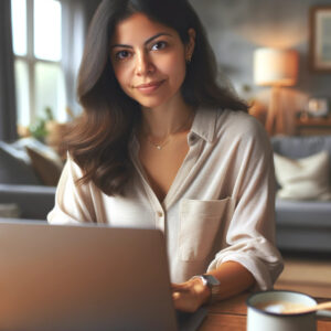 DALL·E 2023 11 23 16.52.50 A Hispanic female remote worker using a laptop in a cozy home environment looking relaxed and focused. The image portrays the balance between persona
